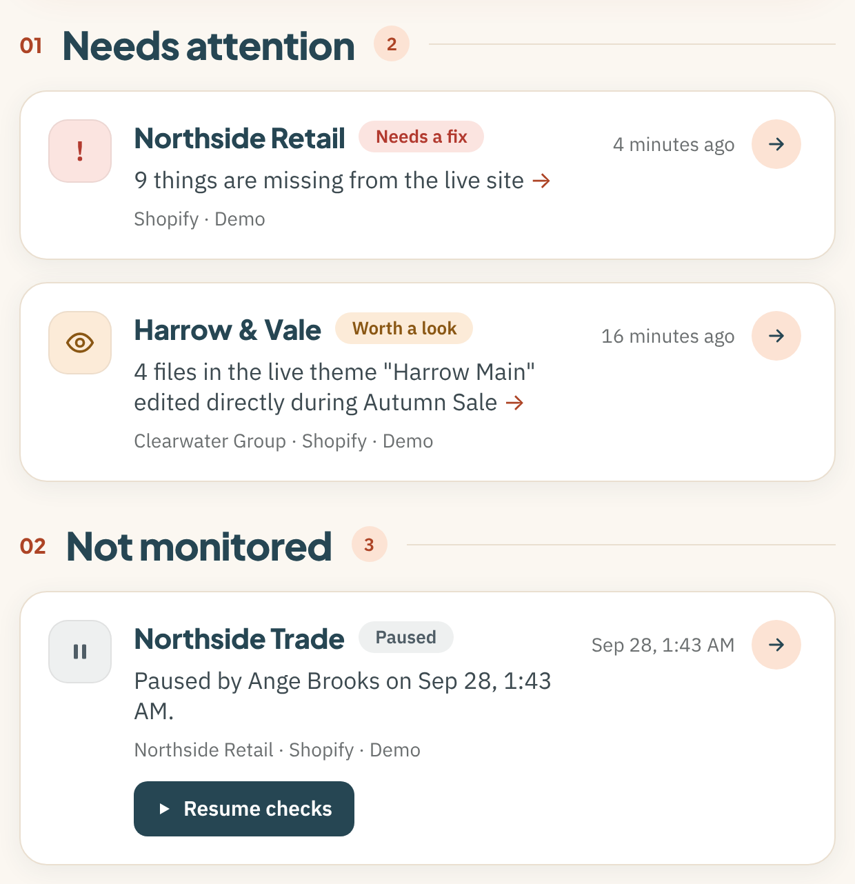 The Mawnitor dashboard. Needs attention lists Northside Retail with 9 things missing from the live site, and Harrow and Vale with 4 files edited directly during Autumn Sale. Not monitored lists Northside Trade, paused.